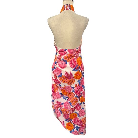 Acoa Dress Womens M Satin Floral Halter‎ Open Back Maxi Asymmetrical Vacation - Picture 3 of 11